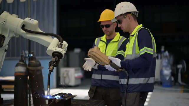 Engineers programming welding robot in factory