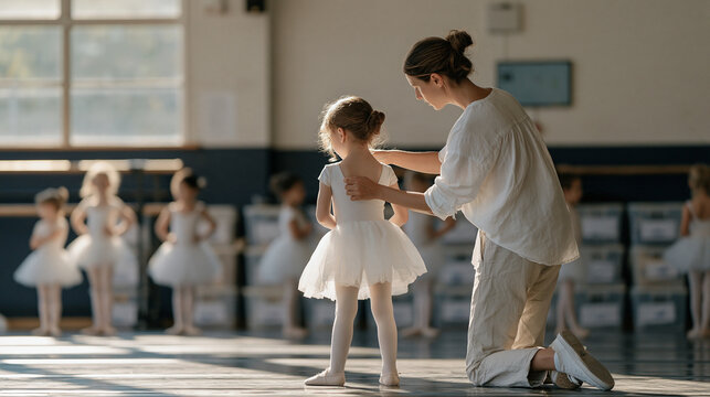 A children's ballet teacher adjusts a studio speaker volume mid-rehearsal, stacks of labeled costume containers lining the wall behind young dancers in a quiet rural village hall,
