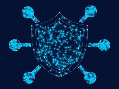Glowing digital shield symbol representing secure technology and cyber network protection