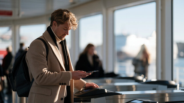 A Norwegian ferry commuter scanning a travel card at a turnstile NFC reader aboard an indoor terminal, contactless mass transit payment, waterfront architecture visible through