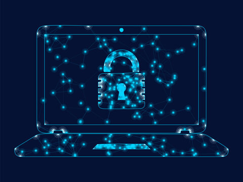 Digital laptop screen displaying glowing blue security lock protection icon concept