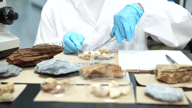 Scientist in blue gloves examines rock and mineral samples with tweezers at a laboratory table beside a microscope and research notes.