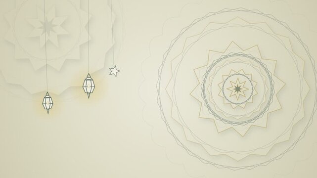 Golden lanterns descend towards an ornate arabesque pattern on a neutral background descent geometric motion reveal