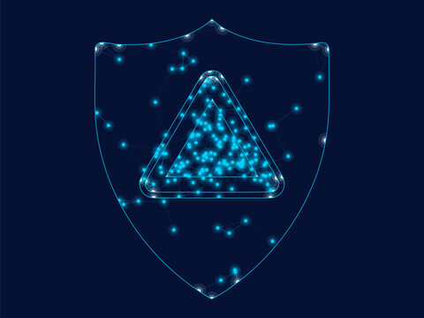 Digital shield icon protecting triangle with glowing blue light particles