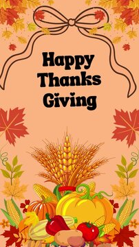Illustrated thanksgiving greeting card with autumn leaves and harvest vegetables on orange background