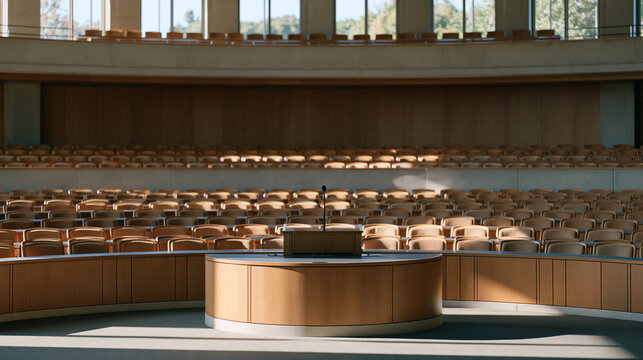 A wide view of an empty modernist university lecture hall just before a session begins with curved rows of upholstered seats, a central podium, and late afternoon light casting