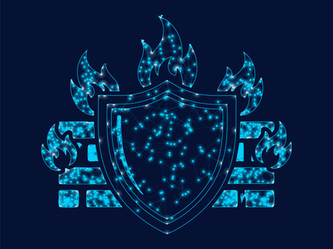 Glowing digital firewall shield protecting network security with bright blue flames