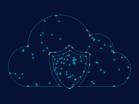 Glowing digital shield protecting cloud data infrastructure with neon blue lines