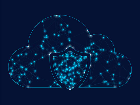 Digital cloud computing shield with glowing blue network connection nodes