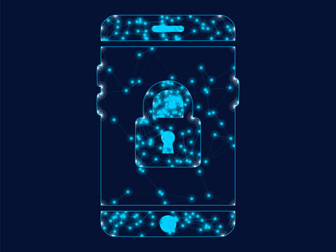 Glowing digital smartphone outline with secure padlock symbol for data protection