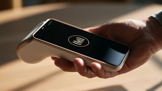 Close up of a contactless payment terminal screen showing a spinning wheel during NFC transaction processing, digital finance pending state concept, shallow depth, anonymous hand