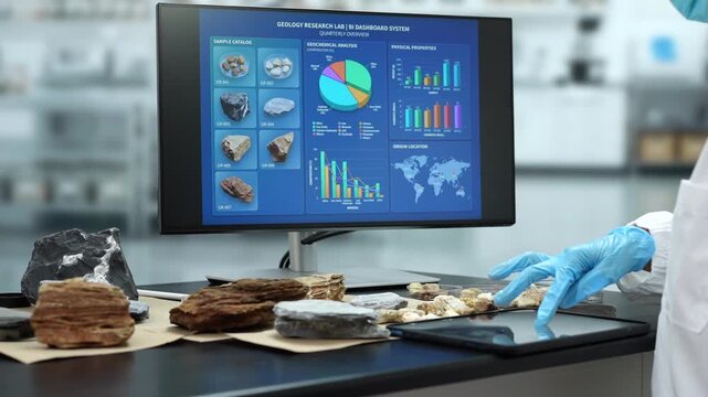 Scientist in blue gloves examines rock samples beside a monitor showing geological research charts, mineral data and a world map in a modern laboratory.