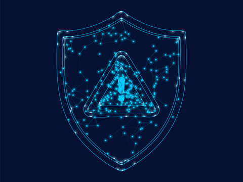 Glowing digital shield icon protecting against cyber security warning triangle alert