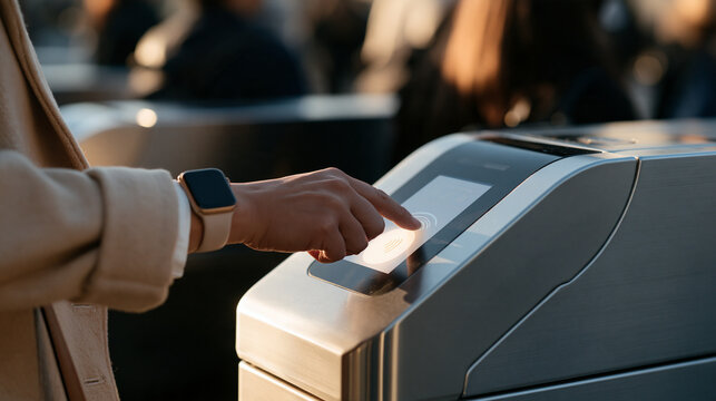 Overhead close up of a middle aged woman tapping her smartwatch on a sleek transit terminal reader, contactless payment glow illuminating the screen, commuter rush hour subway