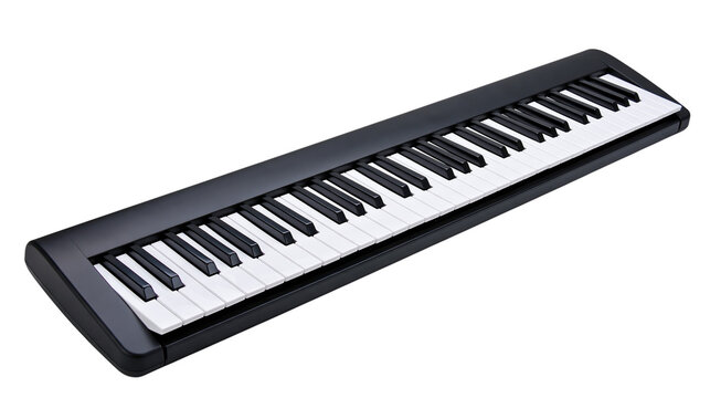 Modern electronic digital keyboard with black and white keys isolated on transparent background PNG cutout