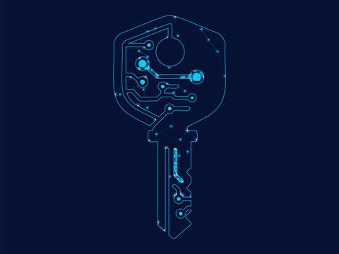 Digital key symbol featuring glowing blue circuit board style tech lines
