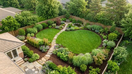 Obraz premium Lush backyard garden with winding stone path and blooming ornamental plants.