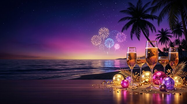 Luxury Beach New Year 3D Celebration Banner