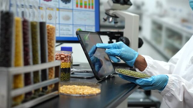 Food scientist in blue gloves uses a tablet while examining grains and legumes in a laboratory, with sample tubes and a microscope in the background.