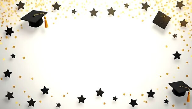 Graduation cap frame background, festive gold glitter confetti border, black mortarboard academic celebration banner for school party design