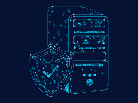 Digital computer server tower protected by glowing blue shield security icon
