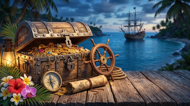 3D Pirates Week Festival composition with treasure, nautical objects and generous copy space.