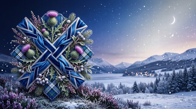 Elegant Scottish festival banner combining St. Andrew's cross symbolism, thistles, tartan and winter landscape elements.
