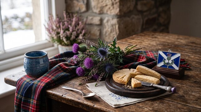 Scottish cultural still life featuring tartan, thistles, shortbread and St. Andrew-inspired decoration.