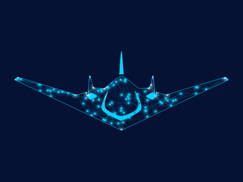 Futuristic stealth fighter jet constructed with glowing blue wireframe mesh nodes