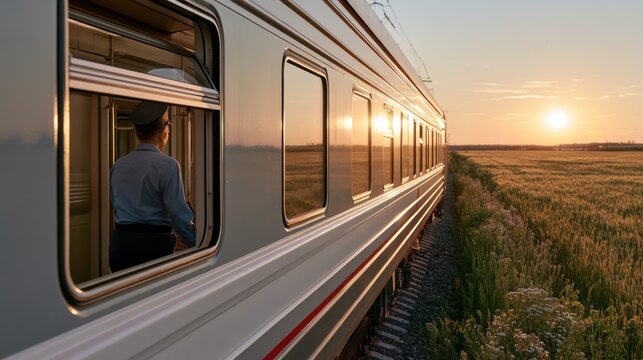 A train conductor gazes out the window as the train travels through a golden field at sunset. The warm light reflects off the train cars, creating a beautiful scene of travel and reflection
