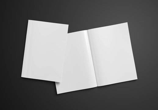 Magazine cover and open magazine mockup on isolated black background. 3D rendering