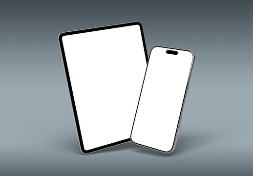 Modern smartphone and tablet mockup on clean white background. silver color. 3d rendering