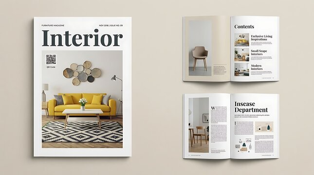Interior design magazine mock-up with cover and open pages featuring modern living room furniture layouts