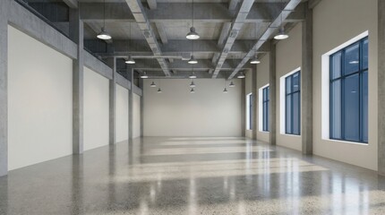 Obraz premium Modern empty industrial warehouse interior with polished concrete floor and large windows.