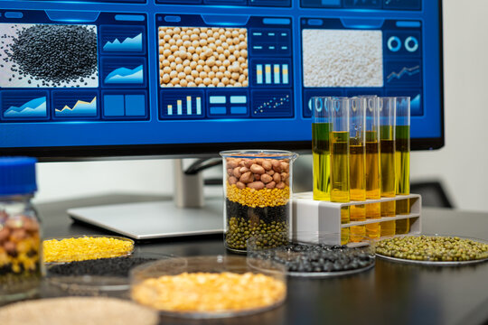 Laboratory scene with grains, beans, seeds and yellow oil samples in test tubes, with a digital screen showing food quality data.