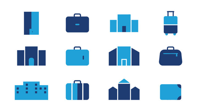 Set of flat icons showing buildings and luggage items for travel business use