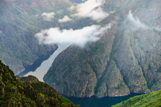 Mountain view. Clouds over river Sil Canyon, Galicia Spain.