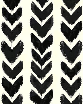 Tribal chevron pattern with black ink brush strokes, hand-drawn geometric herringbone texture, monochrome ethnic chevron background for textile design
