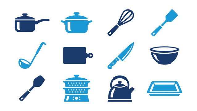 Set of kitchen tools and utensils illustrated in blue and dark blue icons