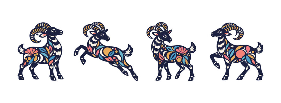 Colorful Chinese Zodiac Goat Folk Art Vector Set for Year of the Goat