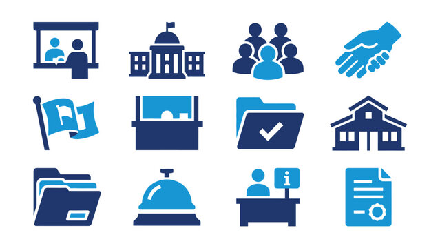 Set of professional icons representing government and community services activities