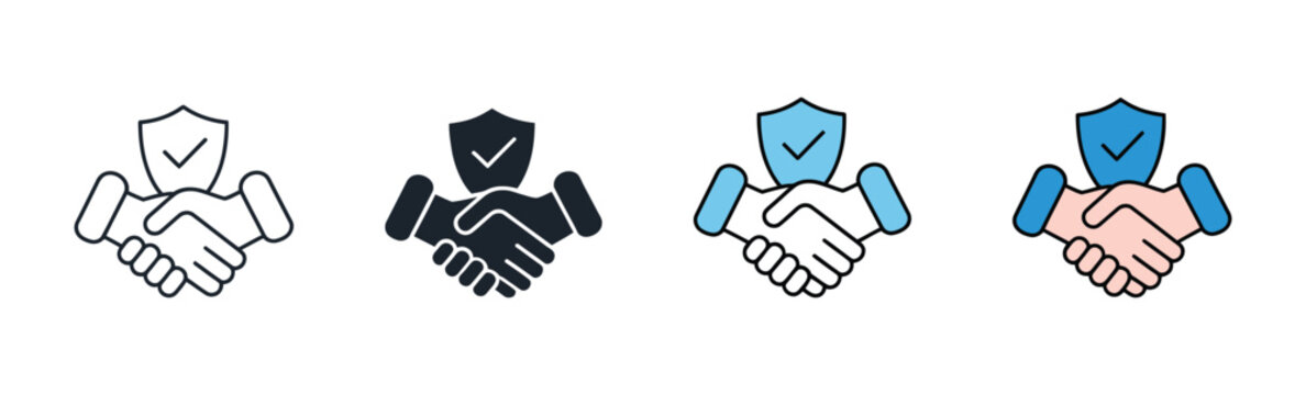 Safe Deals and Handshake Shield Icons for Business Trust, Partnership, Agreement Security, Collaboration, and Reliable Service