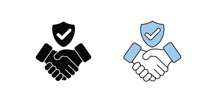 Handshake Shield Icons for Safe Deals, Business Trust, Partnership, Agreement Security, Collaboration, and Reliable Service