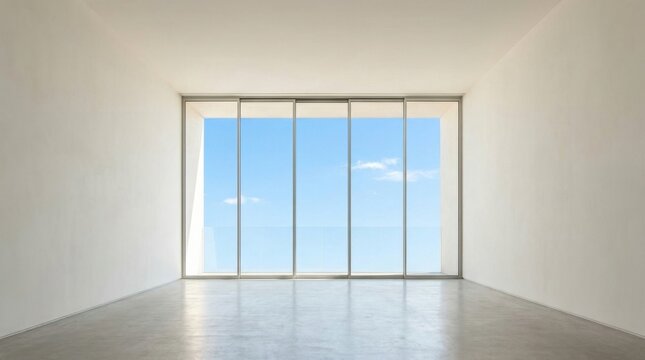 Modern empty room with large windows overlooking a bright blue sky.