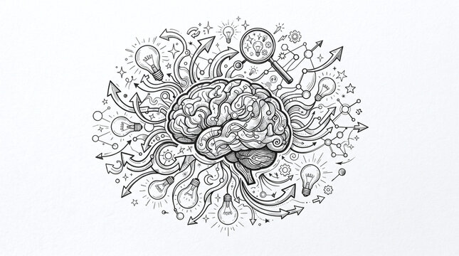 Human brain sketch surrounded by complex creative ideas and lightbulb icons.