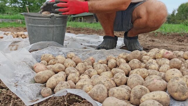 Man standing over freshly harvested dried potatoes piled in sacks in garden, rural autumn crop collection, dacha farming.