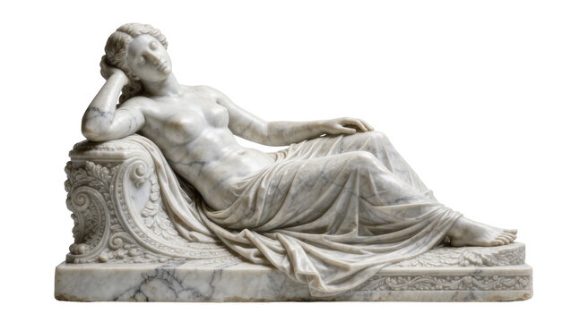 Classical marble sculpture of a reclining nude woman draped in fabric, isolated on transparent background