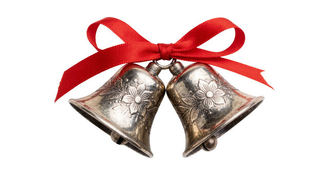 Two ornate silver bells tied with a red ribbon, isolated on transparent background