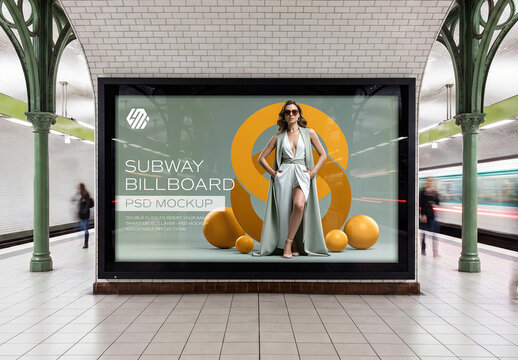 Big Horizontal Billboard on Subway Platform Wall Mockup - Front View