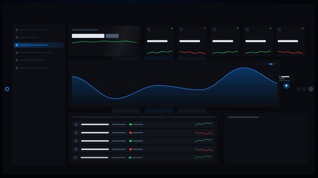 Premium 3D fintech interface featuring a dark financial trading dashboard with animated portfolio cards, performance graph, data visualization panels, watchlist elements, glowing indicators and modern